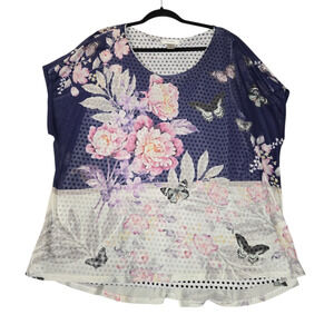CJ Banks‎ 2X Blouse Floral Butterfly Mesh Overlay Polka Dot Sheer Cottagecore